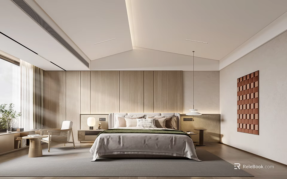 Elegant Modern Bedroom Interior Featuring Wooden Walls Large Bed Hanging Lamp And Decorative Art 3d model 
