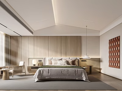 Elegant Modern Bedroom Interior Featuring Wooden Walls Large Bed Hanging Lamp And Decorative Art 3d model