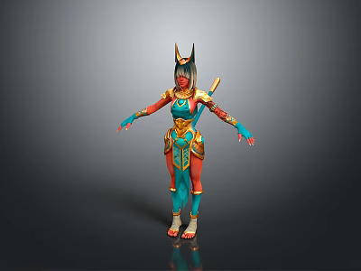 Egyptian style Woman In Colorful Outfit With Horned Headdress And Golden Armor Details 3d model