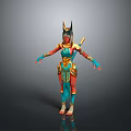 Egyptian style Woman In Colorful Outfit With Horned Headdress And Golden Armor Details