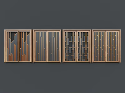 Modern Geometric Pattern Sliding Doors with Wooden Frames and Glass Panels 3d model