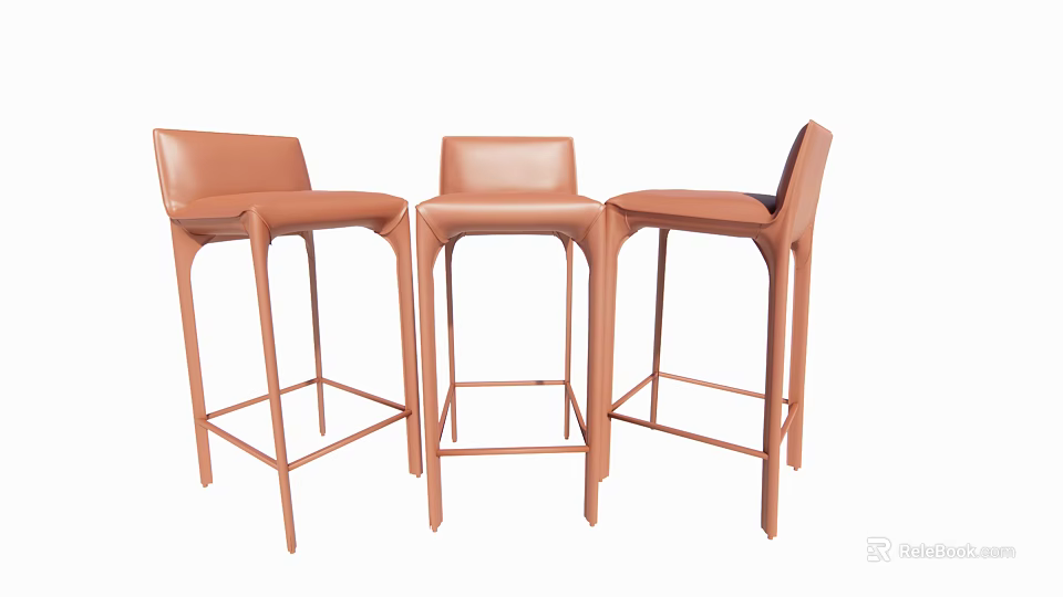 Three Modern Brown Leather Bar Stools With Sleek Metal Frame Design 3d model