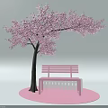 Pink Cherry Blossom Tree And Pink Bench On Pink Circular Ground Against White Background