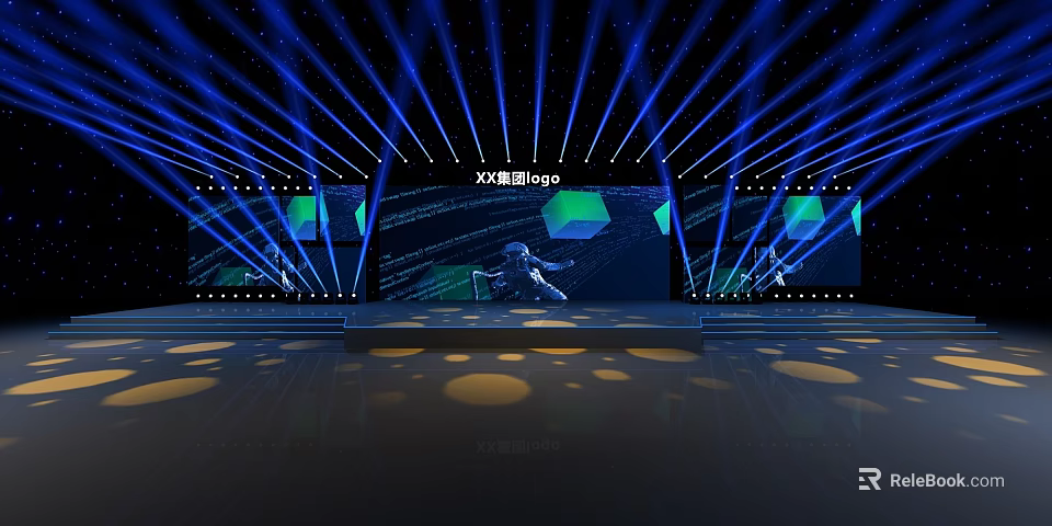 Stage Performance With Blue Lights Large Screen Shuangyan Group 80 Performer And Circular Light Spots 3d model 