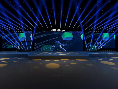 Stage Performance With Blue Lights Large Screen Shuangyan Group 80 Performer And Circular Light Spots 3d model