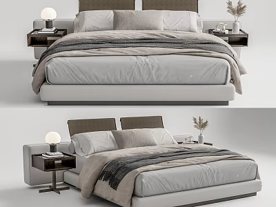 Modern Double Bed With Upholstered Headboard Bedside Tables And Table Lamps 3d model