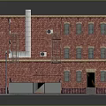 Red Brick Multi Story Building Model With Windows Chimney Fire Escape And Street Lamps