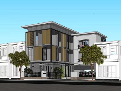 Shower Sauna Facility In Modern Two Story Building With Gray Yellow Panels And Trees 3d model