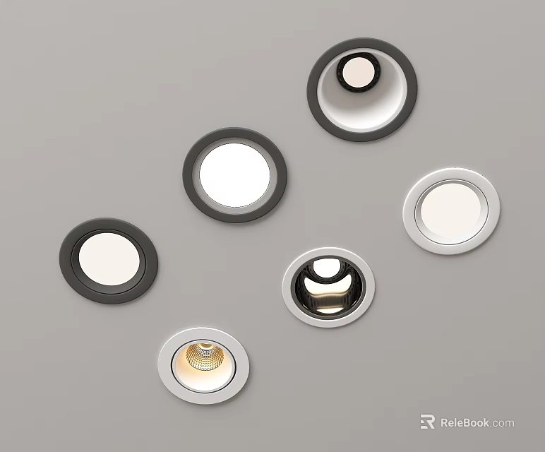Modern Downlights and Spotlights With Sleek Black Silver Borders and Round Design 3d model 
