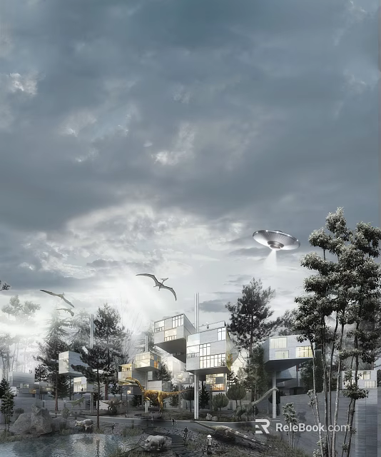 Futuristic Sci-Fi Style Residential Building with UFO Trees Flying Birds and Cloudy Sky 3d model 