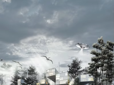 Futuristic Sci-Fi Style Residential Building with UFO Trees Flying Birds and Cloudy Sky 3d model
