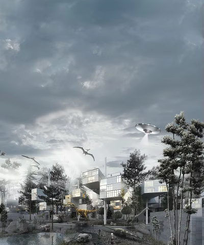 Futuristic Sci-Fi Style Residential Building with UFO Trees Flying Birds and Cloudy Sky 3d model