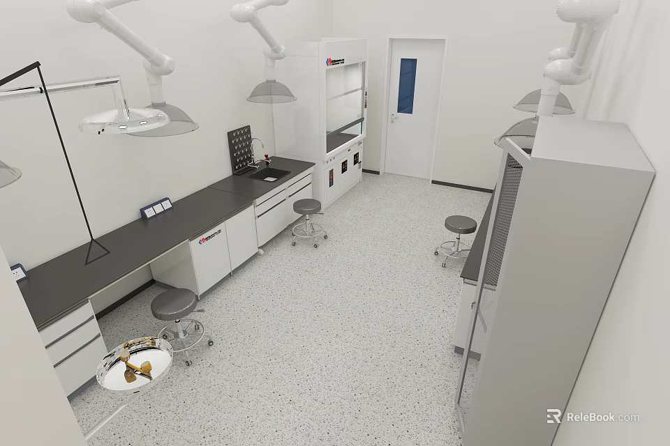 Modern Laboratory Interior With Black Lab Benches Stools Cabinets And Overhead Lights 3d model