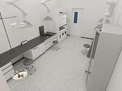 Modern Laboratory Interior With Black Lab Benches Stools Cabinets And Overhead Lights 3d model