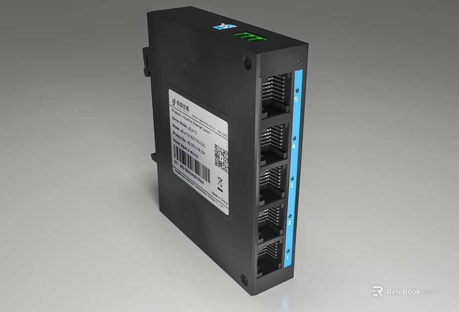 Commercial Ethernet Switch With Black Casing Multiple Ports Blue Side Strips And Label QR Code 3d model 