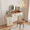 Elegant Vanity Table with Round Mirror Gold Drawers Decorative Pendant Lights and Brown Stool