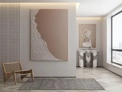 Abstract Painting Textured Brown Beige in Modern Interior with Wooden Chair Gray Rug and Window 3d model