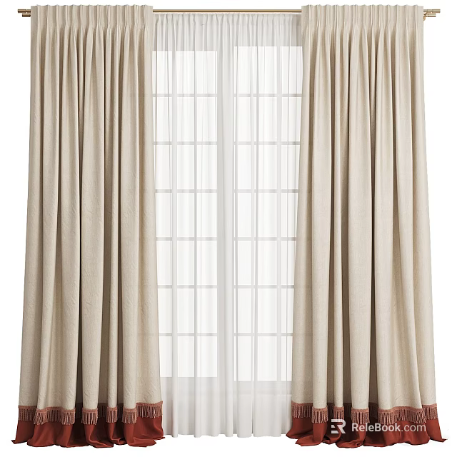 Beige Textured Curtains With Sheer Panels For Window Light Filtering Design 3d model
