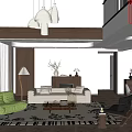 Duplex Living Room Interior With White Sofa Green Armchair Patterned Rug Pendant Lights Wooden Beam And Wall Art