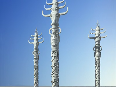 Traditional Carved Stone Pillars With Human Face Patterns And Decorative Tops Against Blue Sky 3d model