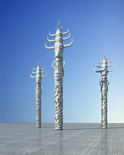 Traditional Carved Stone Pillars With Human Face Patterns And Decorative Tops Against Blue Sky 3d model