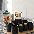 Glass Jar With Red Candies Paper Coffee Bag And Black Mugs With Wooden Lids