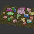 Multiple Residential Buildings Model Showcasing Various Colored Roofs And Architectural Styles