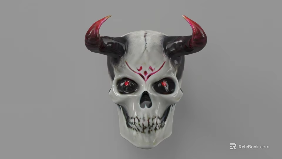 Detailed Skull Sculpture With Red Horns Red Eyes And Forehead Pattern 3d model 