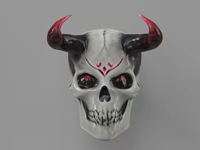 Detailed Skull Sculpture With Red Horns Red Eyes And Forehead Pattern 3d model