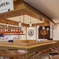 Japanese Restaurant With Open Kitchen Counter Wooden Bar Design Hanging Lantern Decor And Dining Customers