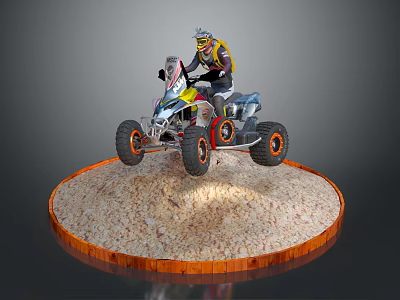 All Terrain Vehicle Model With Helmeted Rider On Circular Sand Platform Wooden Edge Gray Background 3d model