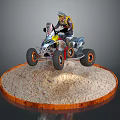 All Terrain Vehicle Model With Helmeted Rider On Circular Sand Platform Wooden Edge Gray Background