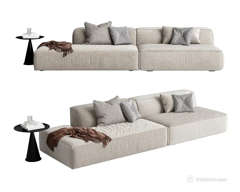 Beige Sectional Sofa with Gray Beige Cushions Brown Throw Blanket and Black Side Table 3d model