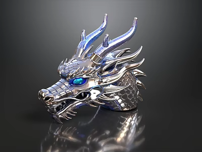 Silver Metallic Dragon Head Sculpture With Blue Eyes And Shiny Texture 3d model