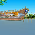 Boat Shaped Building Structure With Water Reflection And Surrounding Green Trees 3d model