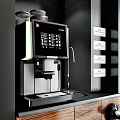 Modern Built in Coffee Machine with Wooden Cabinets and Faucet in Kitchen Interior