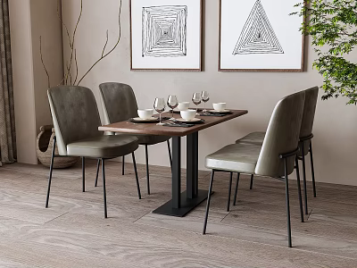 Modern Dining Table Set Rectangular Wooden Top Grey Upholstered Chairs Wall Art Green Plant 3d model