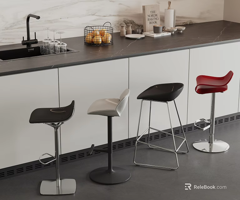 Modern Black White Red Bar Stools With Sleek Design For Kitchen Bar 3d model