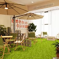 Cozy Bubble Tea Shop Interior With Green Carpet Tables Chairs Hanging Lights And Potted Plants