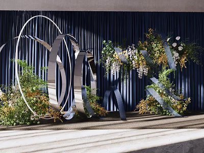 Modern Banquet Hall With Dark Blue Curtains And Metal Circular Floral Decorations 3d model