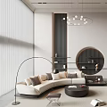 Modern Open Plan Living Dining Room Interior With Curved Sofa Round Bookshelf And Pendant Lights