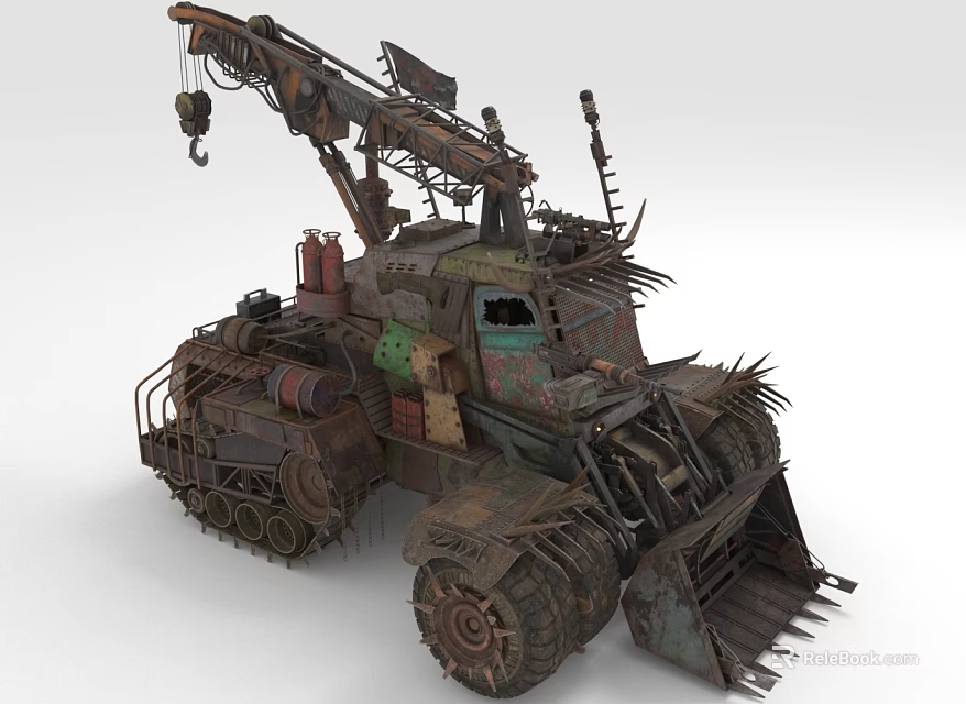 Post Apocalyptic Rusted Mechanical Vehicle With Tracks Crane Spikes And Worn Metal Texture 3d model 