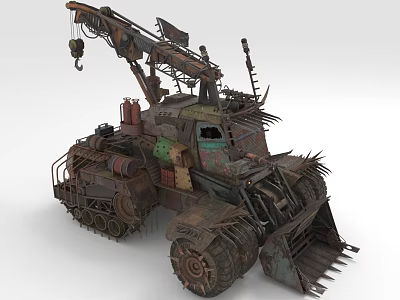 Post Apocalyptic Rusted Mechanical Vehicle With Tracks Crane Spikes And Worn Metal Texture 3d model