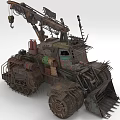 Post Apocalyptic Rusted Mechanical Vehicle With Tracks Crane Spikes And Worn Metal Texture