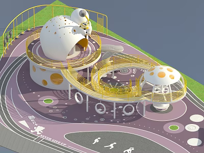 Children's Play Area With Mushroom Shaped Structures Circular Track Purple Flooring And Yellow Railings 3d model