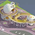 Children's Play Area With Mushroom Shaped Structures Circular Track Purple Flooring And Yellow Railings