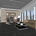 Modern Office Open Layout With Large Windows Sofa Desk Bookshelf And Carpet 3d model