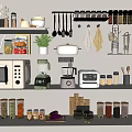 Glass Spice Jars On Organized Kitchen Shelves With Cooking Utensils And Small Appliances