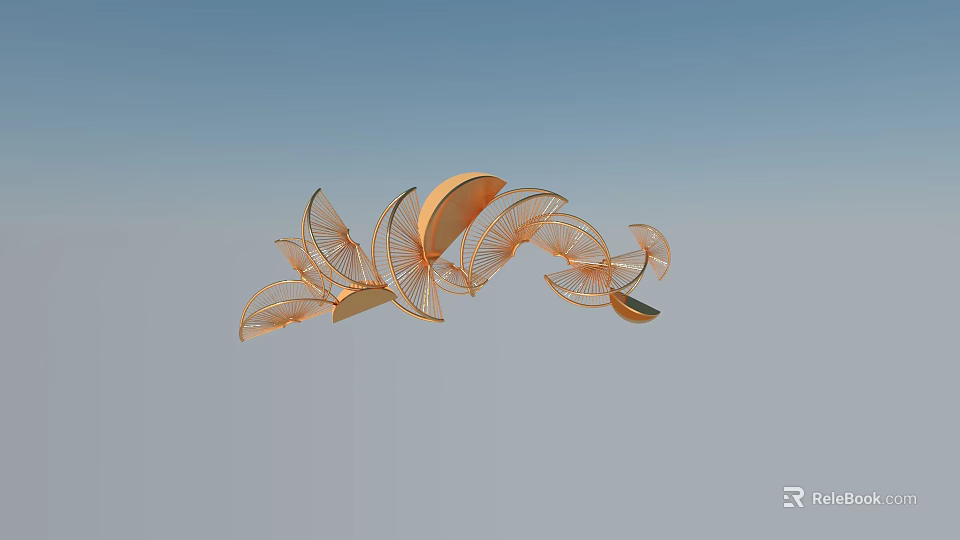 Modern Ornament Set Featuring Orange Leaf Shaped Flowing Lightweight Design With Gradient Blue Gray Background 3d model