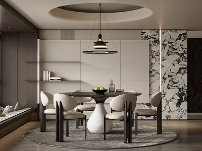 Elegant Modern Restaurant Interior With Round Dining Table Marble Wall And Pendant Light 3d model